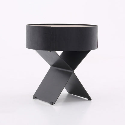 Contemporary Industrial Round Nightstand - Saddle Leather Finish Bedside Table 1-Drawer For Bedroom
