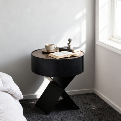 Contemporary Industrial Round Nightstand - Saddle Leather Finish Bedside Table 1-Drawer For Bedroom