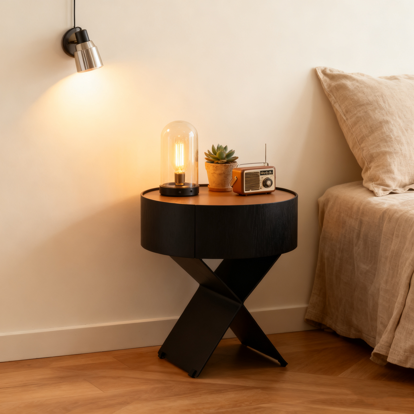 Contemporary Industrial Round Nightstand - Saddle Leather Finish Bedside Table 1-Drawer For Bedroom
