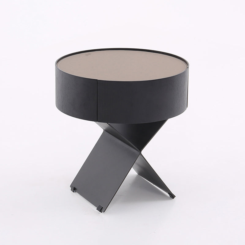 Contemporary Industrial Round Nightstand - Saddle Leather Finish Bedside Table 1-Drawer For Bedroom