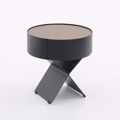 Contemporary Industrial Round Nightstand - Saddle Leather Finish Bedside Table 1-Drawer For Bedroom