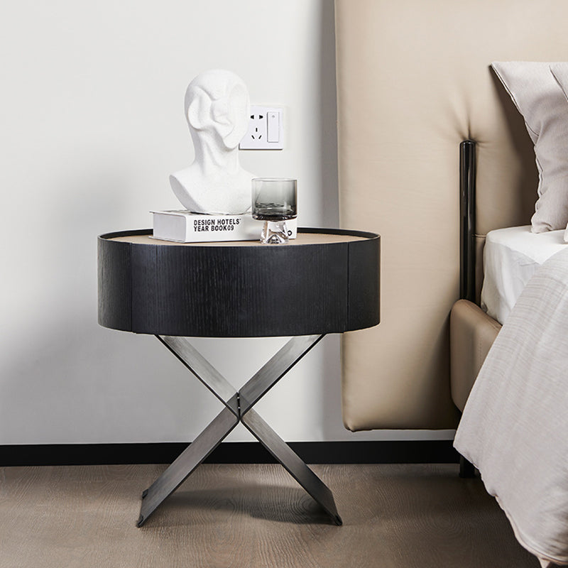 Contemporary Industrial Round Nightstand - Saddle Leather Finish Bedside Table 1-Drawer For Bedroom
