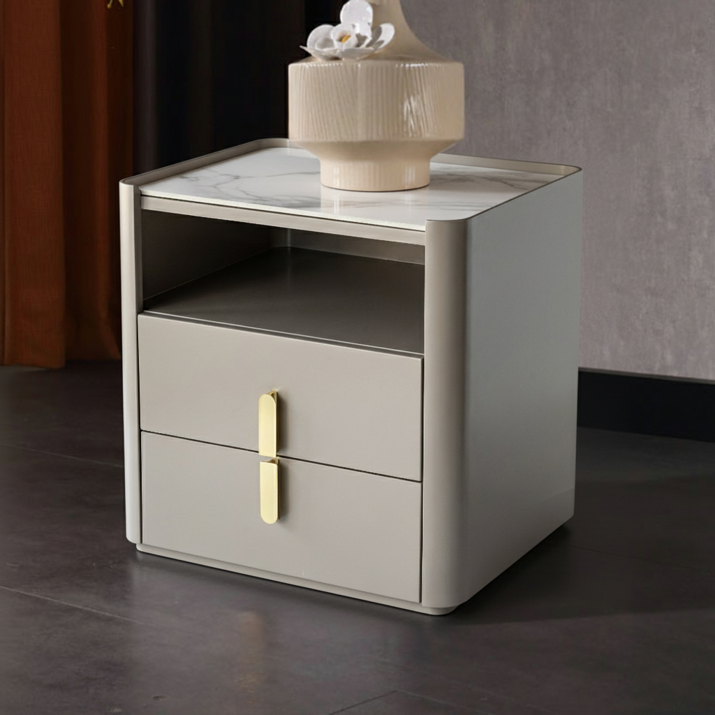 E1-Class Dual-Material Nightstand - Luxury Design & Practical Function Bedside Table 2-Drawer For Bedroom