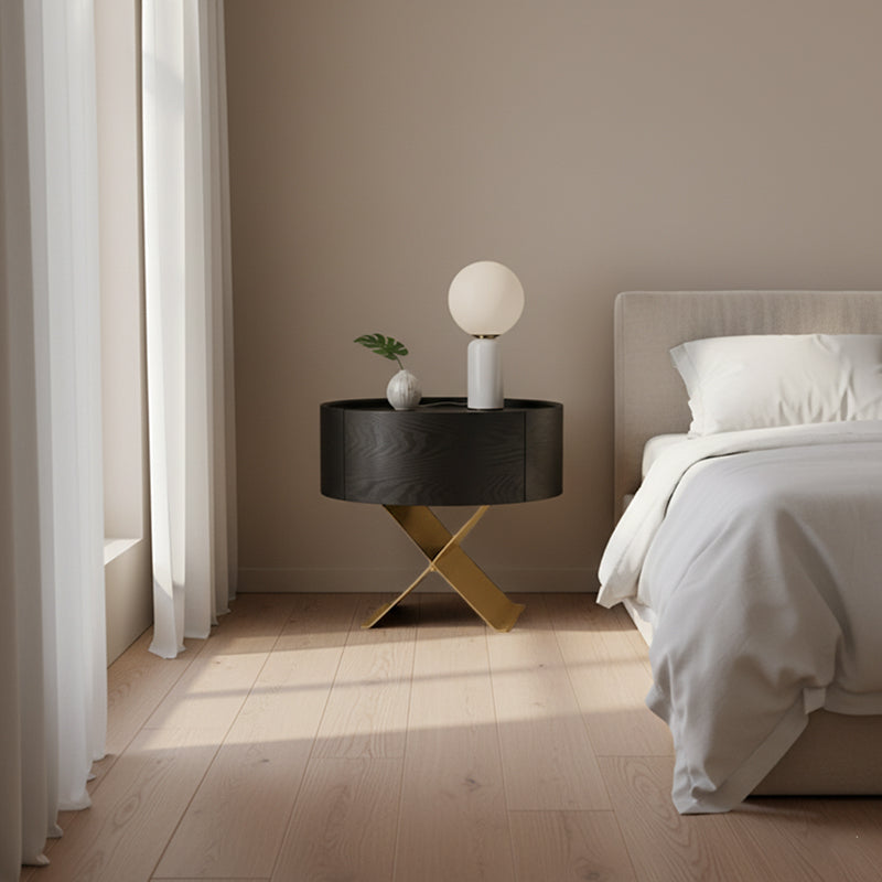 Industrial Smoked Wood Nightstand - Solid Wood Board & Smooth Circular 1-Drawer Bedside Table For Bedroom