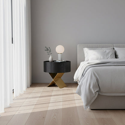 Industrial Smoked Wood Nightstand - Solid Wood Board & Smooth Circular 1-Drawer Bedside Table For Bedroom