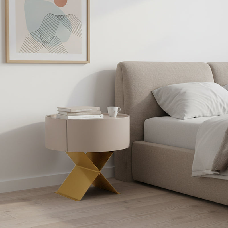Industrial Smoked Wood Nightstand - Solid Wood Board & Smooth Circular 1-Drawer Bedside Table For Bedroom