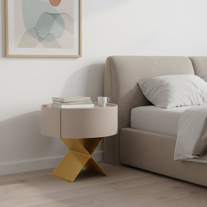 Industrial Smoked Wood Nightstand - Solid Wood Board & Smooth Circular 1-Drawer Bedside Table For Bedroom