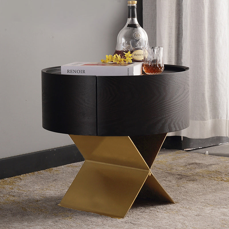Industrial Smoked Wood Nightstand - Solid Wood Board & Smooth Circular 1-Drawer Bedside Table For Bedroom