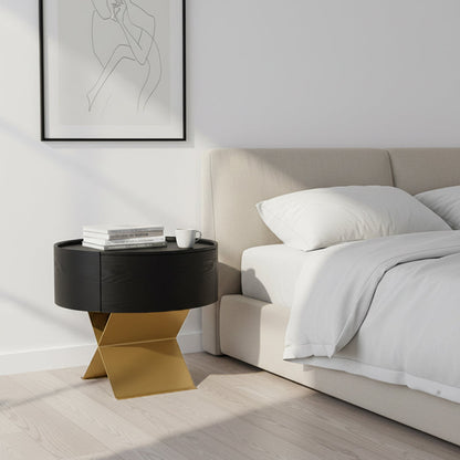 Industrial Smoked Wood Nightstand - Solid Wood Board & Smooth Circular 1-Drawer Bedside Table For Bedroom