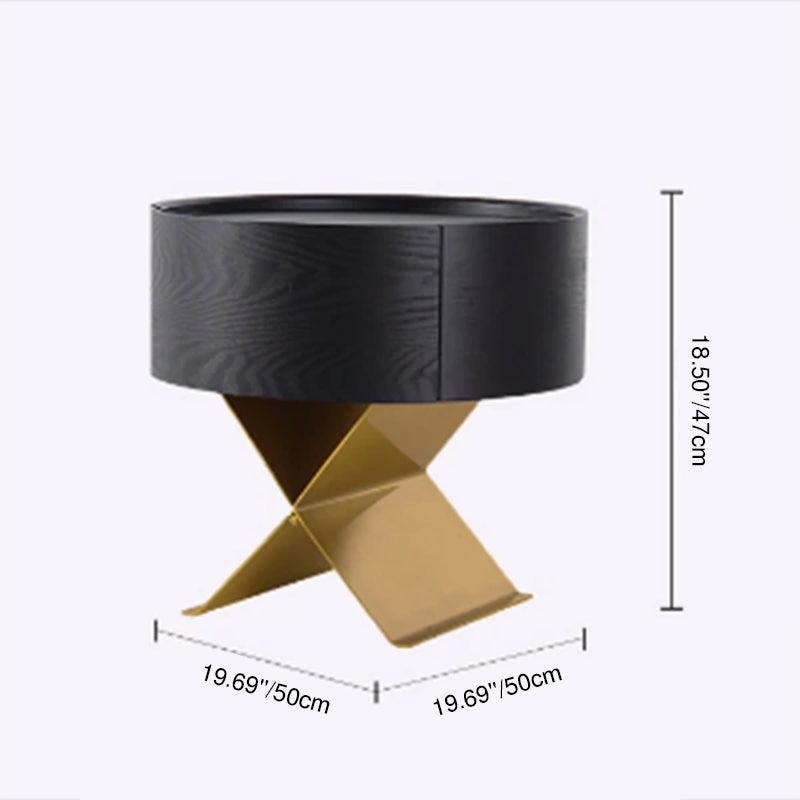 Industrial Smoked Wood Nightstand - Solid Wood Board & Smooth Circular 1-Drawer Bedside Table For Bedroom