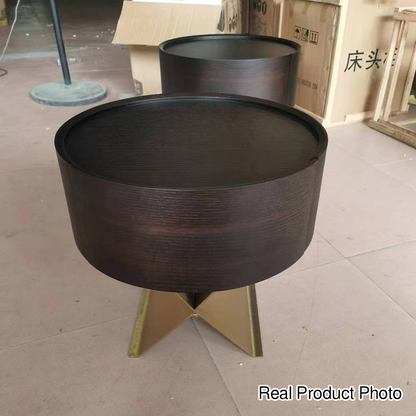 Industrial Smoked Wood Nightstand - Solid Wood Board & Smooth Circular 1-Drawer Bedside Table For Bedroom