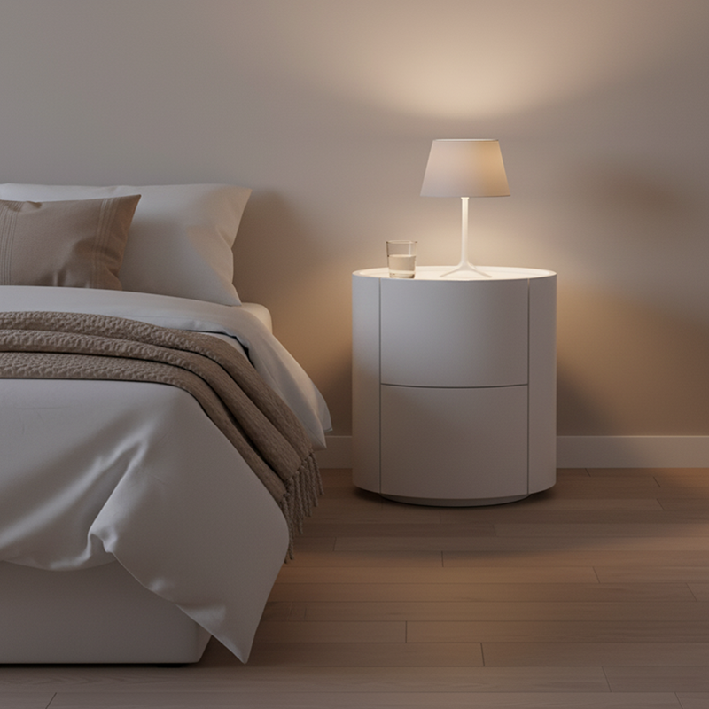 Nordic Rounded Cabinet Nightstand - Sturdy Build & Minimalist Soft Texture Bedside Table 2-Drawer For Bedroom