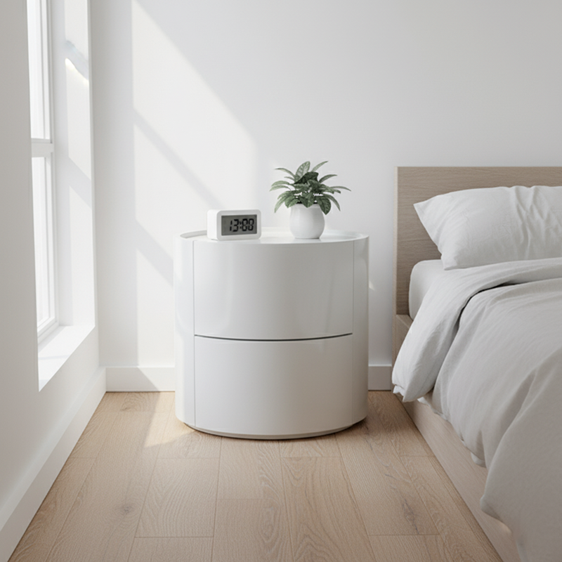 Nordic Rounded Cabinet Nightstand - Sturdy Build & Minimalist Soft Texture Bedside Table 2-Drawer For Bedroom