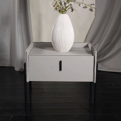Modern Minimalist Veneered Plywood Nightstand - Matte Black Frame 1-Drawer Bedside Table For Bedroom