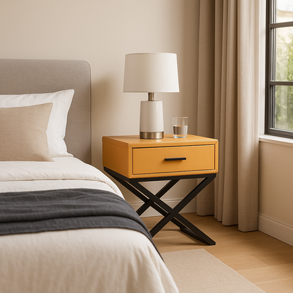 Contemporary Industrial X-Shaped Bedside Table - Veneered Plywood 1-Drawer Nightstand For Bedroom