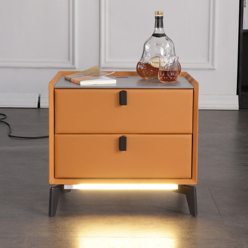 Contemporary Wireless Charger & LED Sensor Light Nightstand - Sintered Stone Top 2-Drawer For Bedroom