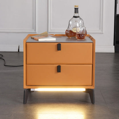 Contemporary Wireless Charger & LED Sensor Light Nightstand - Sintered Stone Top 2-Drawer For Bedroom