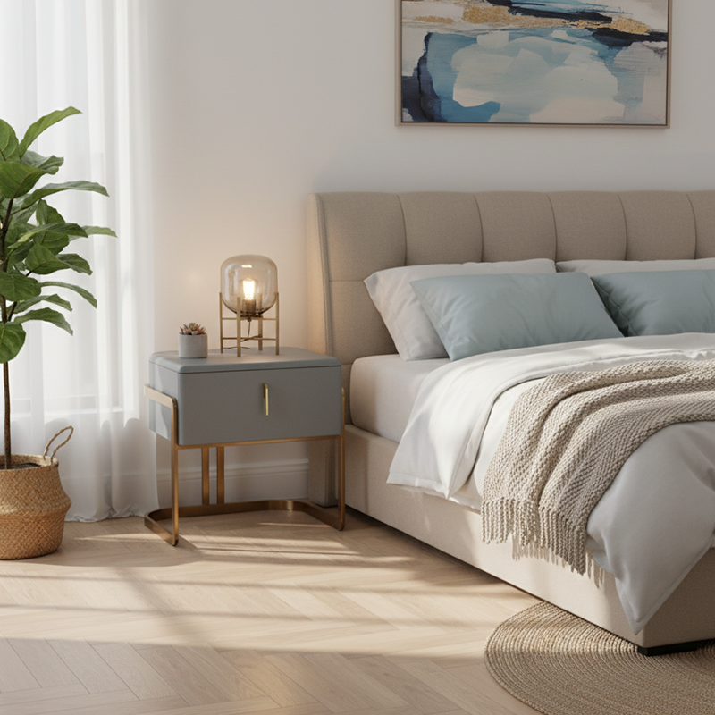 Contemporary Scandinavian Faux Leather Bedside Table - Curved Square 1-Drawer For Bedroom