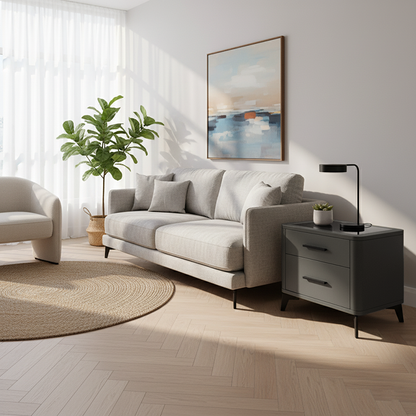 Modern Luxury Faux Leather Nightstand With Glass Top - 2 Drawer Bedside Table For Bedroom