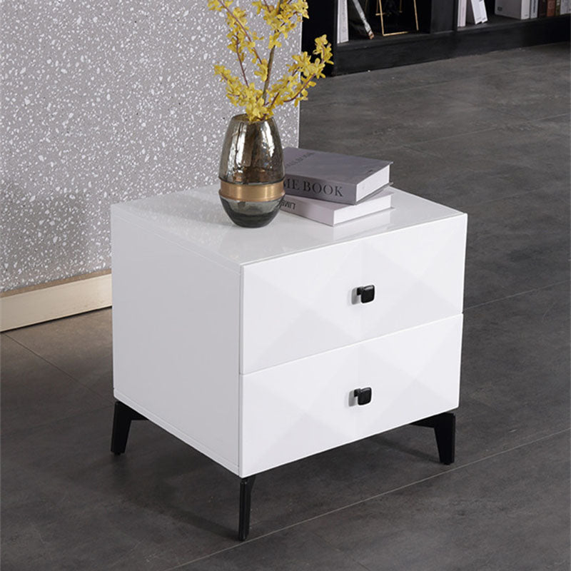 Modern Minimalist High-Gloss Veneer 2 Drawers Nightstand - Diamond Texture Bedside Table For Bedroom