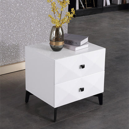 Modern Minimalist High-Gloss Veneer 2 Drawers Nightstand - Diamond Texture Bedside Table For Bedroom