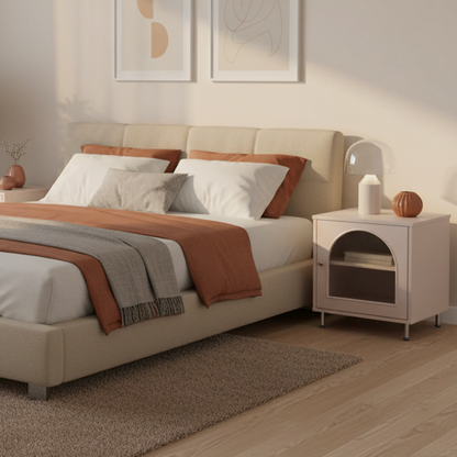 Contemporary Scandinavian Ribbed Glass Door Bedside Table - Semi-Transparent Nightstand For Bedroom