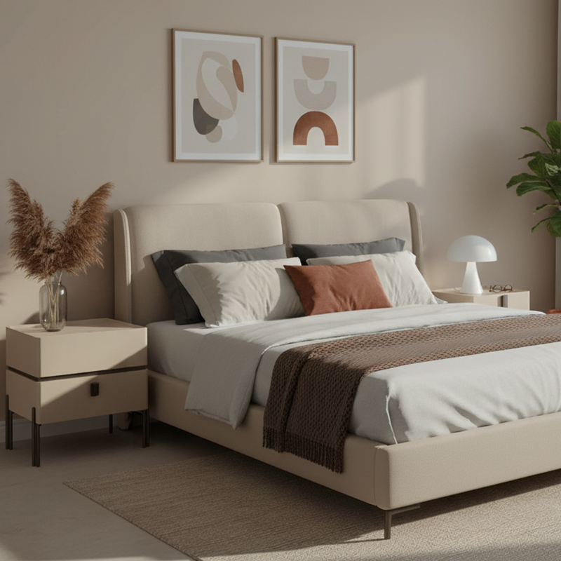 Contemporary Nordic Sintered Stone Bedside Table - 2 Drawers Alloy Legs Nightstand For Bedroom