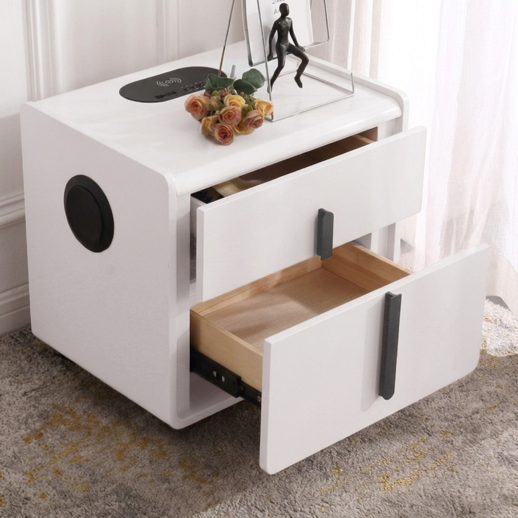 Contemporary Creative Smart Wireless Charger Bedside Table - 2 Drawers Square Nightstand For Bedroom