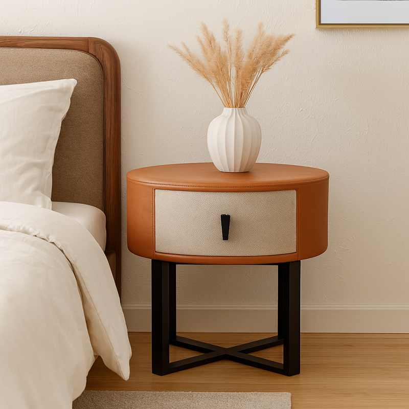 Contemporary Creative Round Circular 1 Drawer Nightstand - Faux Leather Metal Legs Bedside Table For Bedroom