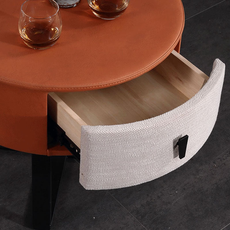 Contemporary Creative Round Circular 1 Drawer Nightstand - Faux Leather Metal Legs Bedside Table For Bedroom