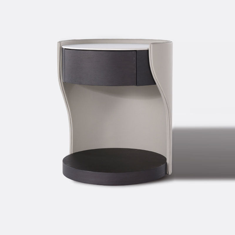 Contemporary Round 1 Hidden Drawer Bedside Table - Faux Leather Open Shelf Nightstand For Bedroom