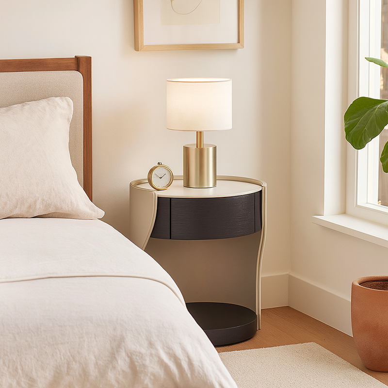 Contemporary Round 1 Hidden Drawer Bedside Table - Faux Leather Open Shelf Nightstand For Bedroom
