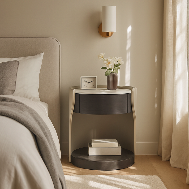 Contemporary Round 1 Hidden Drawer Bedside Table - Faux Leather Open Shelf Nightstand For Bedroom