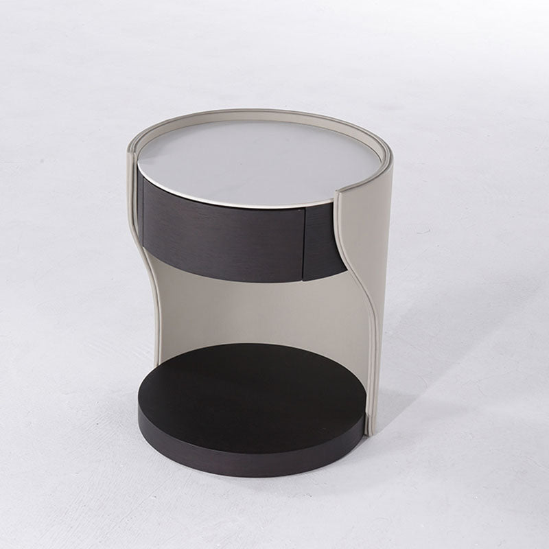 Contemporary Round 1 Hidden Drawer Bedside Table - Faux Leather Open Shelf Nightstand For Bedroom