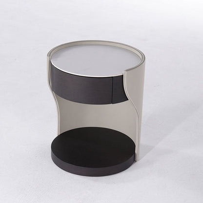 Contemporary Round 1 Hidden Drawer Bedside Table - Faux Leather Open Shelf Nightstand For Bedroom