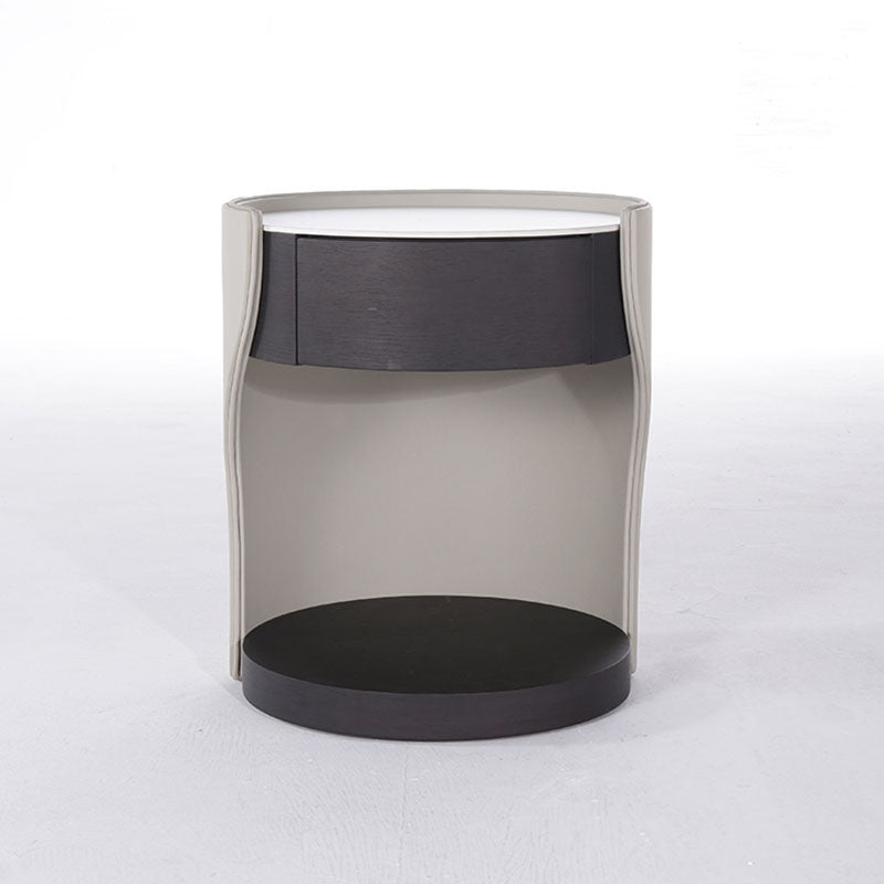 Contemporary Round 1 Hidden Drawer Bedside Table - Faux Leather Open Shelf Nightstand For Bedroom