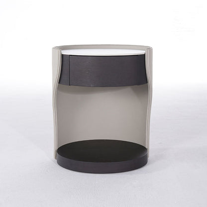 Contemporary Round 1 Hidden Drawer Bedside Table - Faux Leather Open Shelf Nightstand For Bedroom