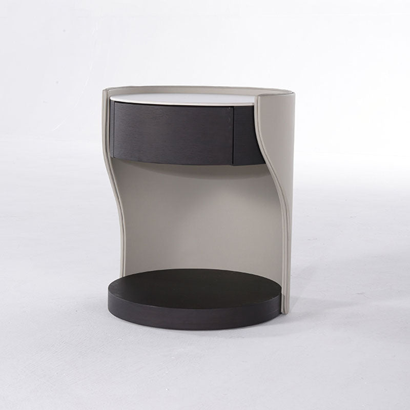 Contemporary Round 1 Hidden Drawer Bedside Table - Faux Leather Open Shelf Nightstand For Bedroom