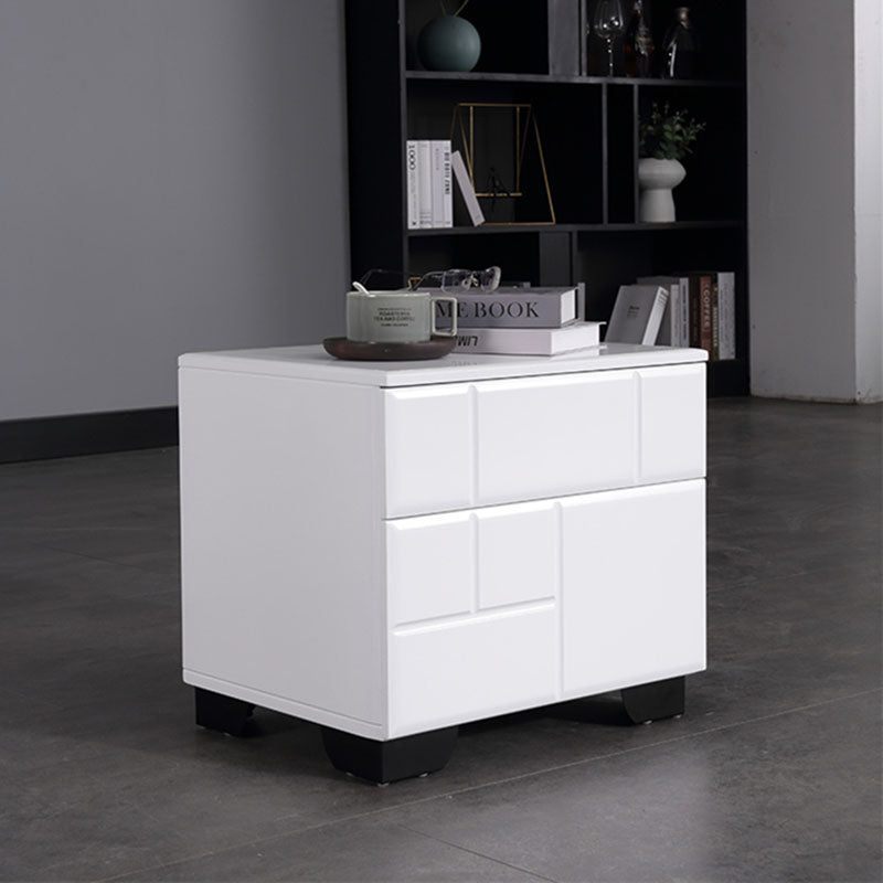Modern Minimalist High-Gloss White Bedside Cabinet - 2 Drawer Geometric Texture Nightstand For Bedroom