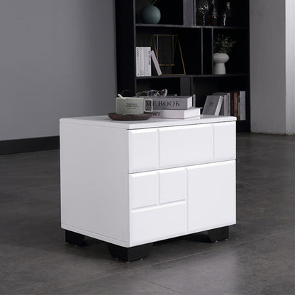 Modern Minimalist High-Gloss White Bedside Cabinet - 2 Drawer Geometric Texture Nightstand For Bedroom