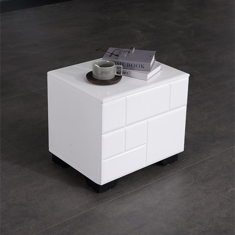 Modern Minimalist High-Gloss White Bedside Cabinet - 2 Drawer Geometric Texture Nightstand For Bedroom