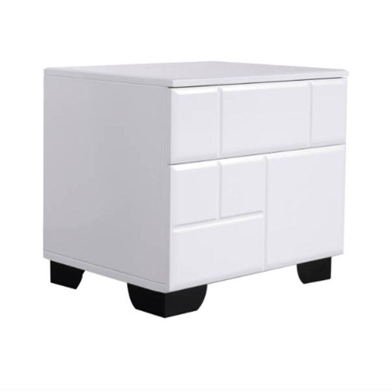 Modern Minimalist High-Gloss White Bedside Cabinet - 2 Drawer Geometric Texture Nightstand For Bedroom