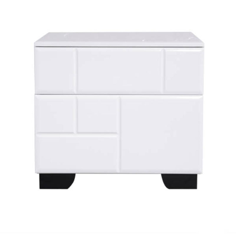 Modern Minimalist High-Gloss White Bedside Cabinet - 2 Drawer Geometric Texture Nightstand For Bedroom
