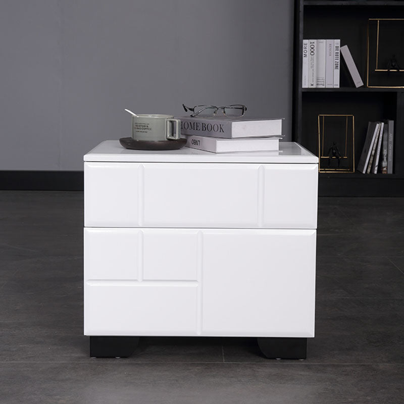 Modern Minimalist High-Gloss White Bedside Cabinet - 2 Drawer Geometric Texture Nightstand For Bedroom