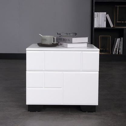 Modern Minimalist High-Gloss White Bedside Cabinet - 2 Drawer Geometric Texture Nightstand For Bedroom