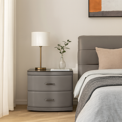 Contemporary Scandinavian Tempered Glass Top Bedside Table - 2 Drawers Curved Nightstand For Bedroom
