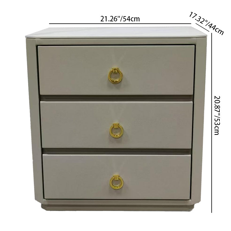 Modern Luxury Faux Leather Gold Ring Pulls Bedside Table - 3 Drawer Square Nightstand For Bedroom