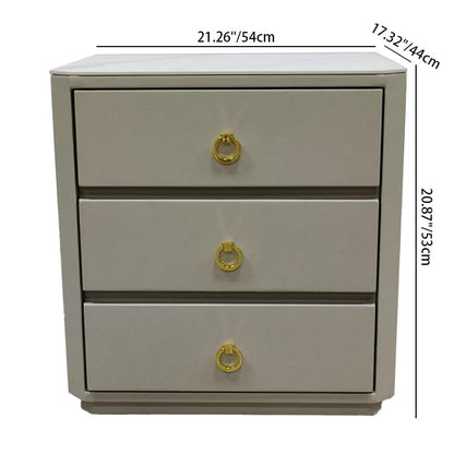 Modern Luxury Faux Leather Gold Ring Pulls Bedside Table - 3 Drawer Square Nightstand For Bedroom