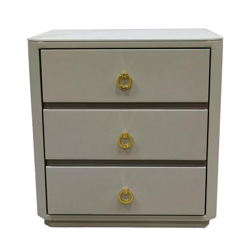Modern Luxury Faux Leather Gold Ring Pulls Bedside Table - 3 Drawer Square Nightstand For Bedroom