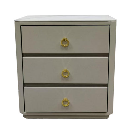 Modern Luxury Faux Leather Gold Ring Pulls Bedside Table - 3 Drawer Square Nightstand For Bedroom